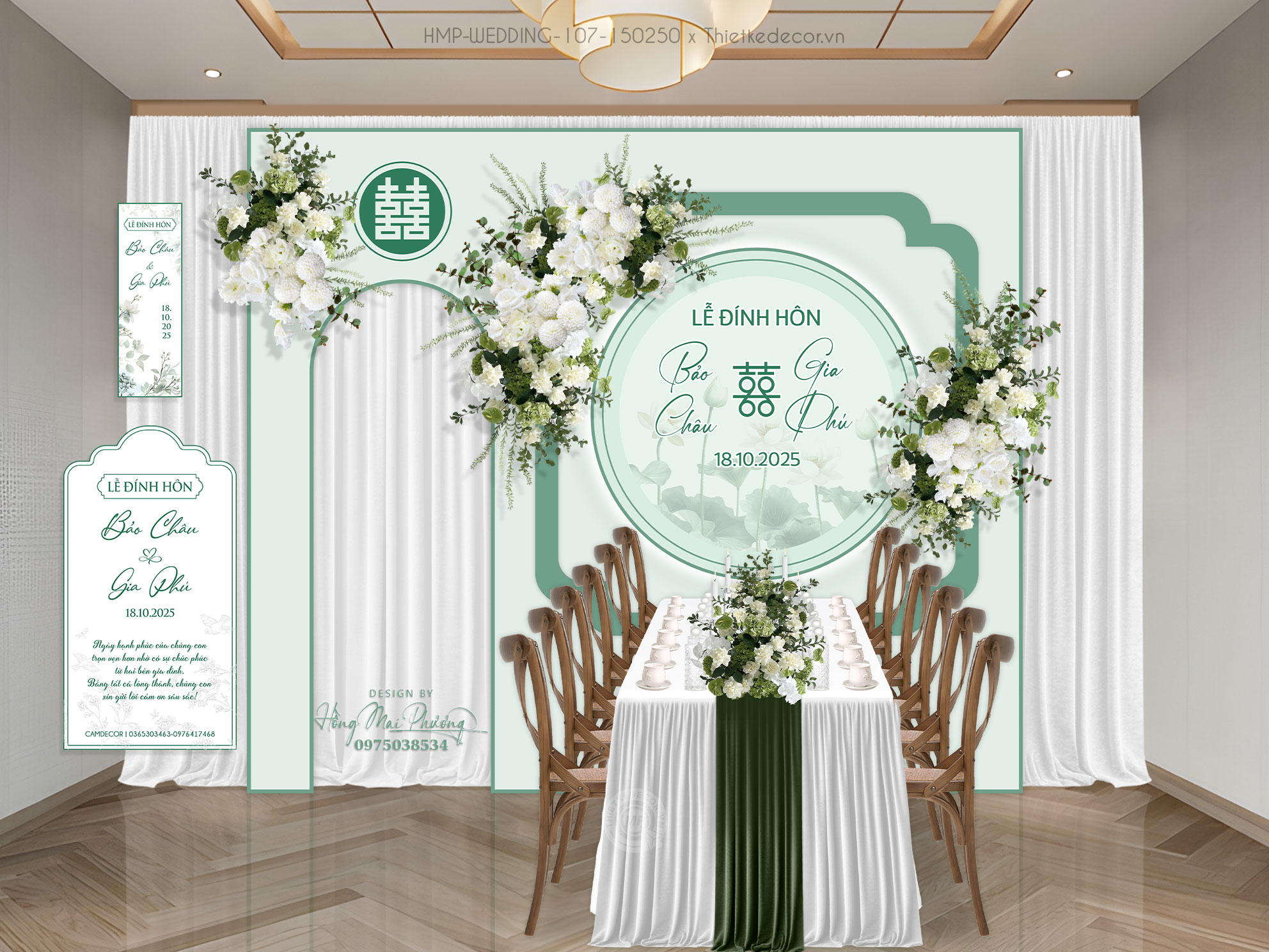 Gia tiên tone xanh mint- xanh lá chủ đề hoa sen kèm tem nước và tag bàn